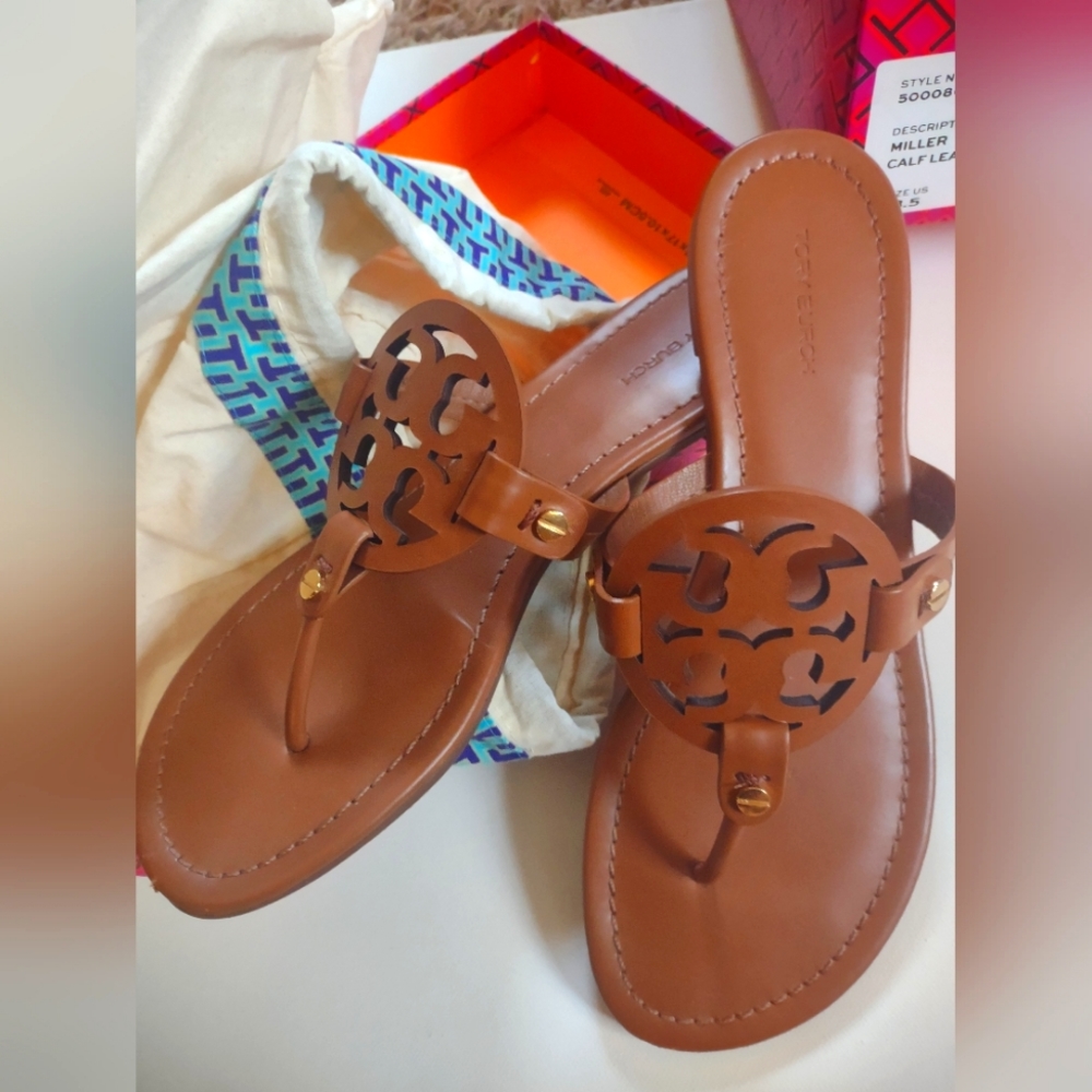 Tory Burch sandals, Style in Miller calf leather, 8.5, color Vintage Vachetta